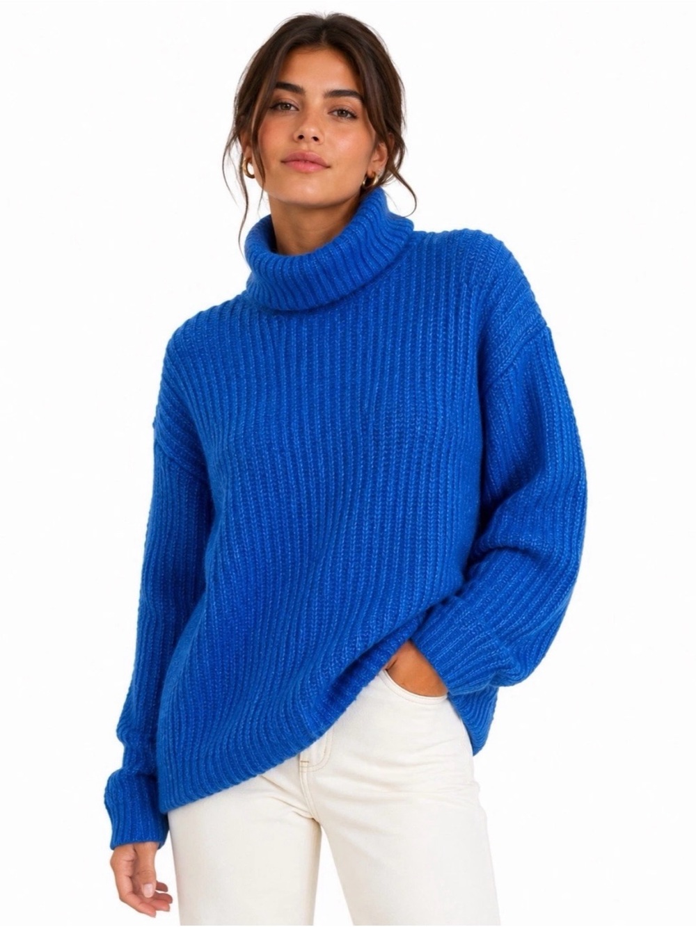 MNG Mango Women's Oversized Sweater Size XS Blue Ribbed Knit Chunky Turtleneck